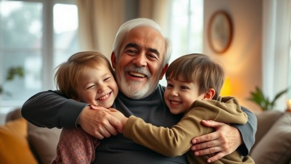 Family routines in retirement, elderly man hugging grandchildren on couch.