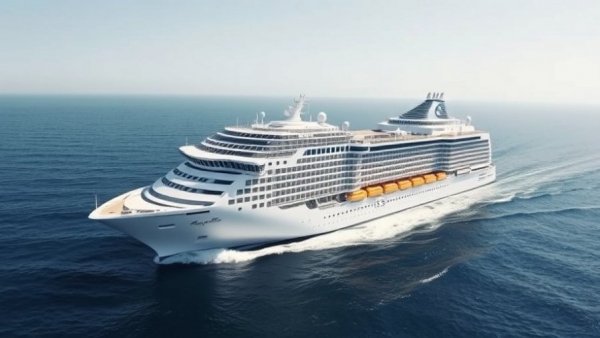 Royal Caribbean Odyssey of the Seas cruising on calm seas under blue sky.