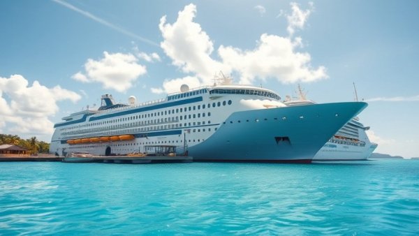 Royal Caribbean ship docked at a tropical port under clear skies.