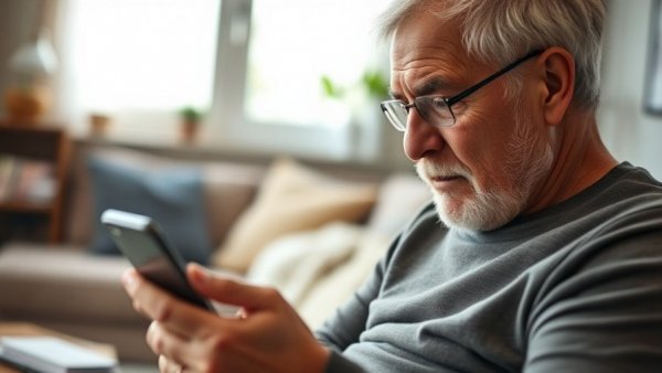 Older man using smartphone to improve memory, cozy living room.
