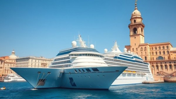 Valletta Cruise Port with ship and historical tower under clear sky.