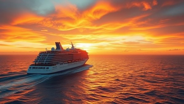 Carnival cruise ship sailing into sunset on African ocean.