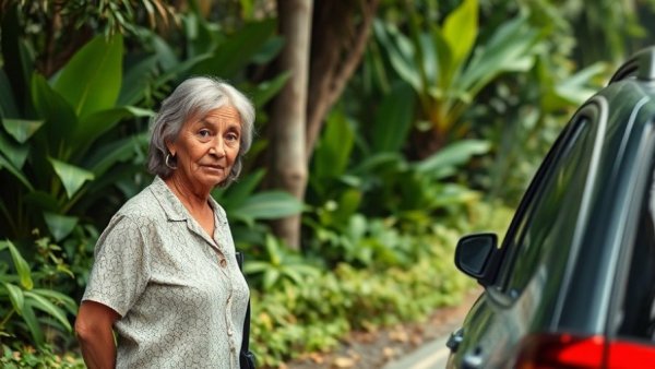 Concerned woman with car breakdown on roadside, Roadside Emergency Plan for Solo Women Over 50.