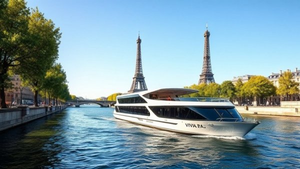 VIVA Beyond river cruise ship on Seine near Eiffel Tower, sunny day.