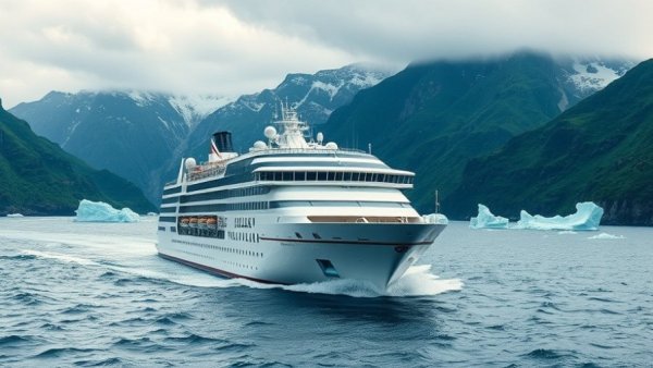 Holland America cruise ship in scenic icy waters, Legendary Voyages 2027-28.