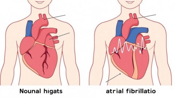 Illustration of atrial fibrillation in aging with heart comparison.