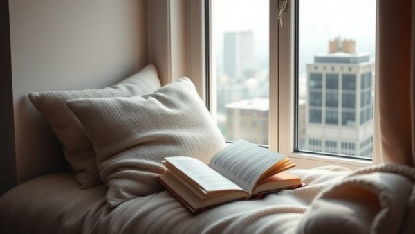 Design a relaxation corner at home with soft pillows and a book by the window.