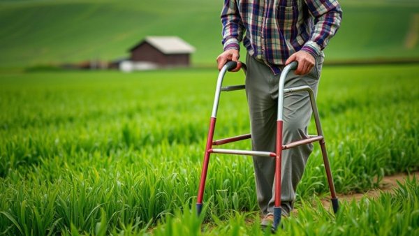 Elderly person using a walker in a field, help someone age in place