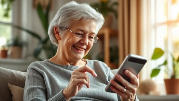 Elderly woman using phone for health tracking apps.