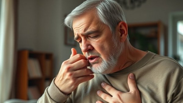Middle-aged individual concerned about lung health indoors, soft lighting.