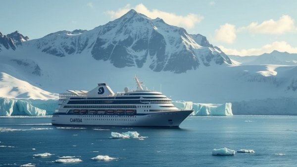 Expedition ship navigating Antarctic waters for an educational expedition to Antarctica.