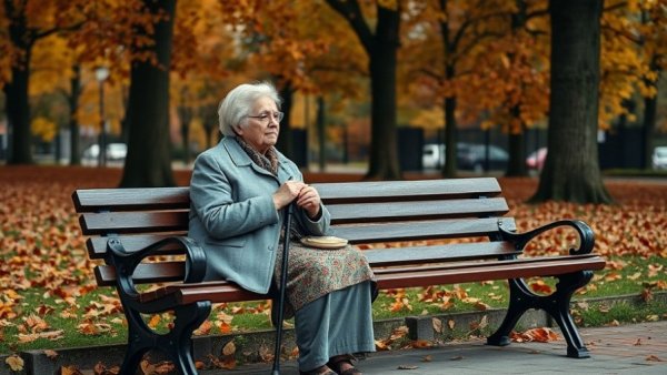 Elderly woman in park after fall, contemplating medical assessments.