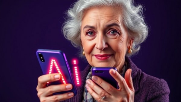 Older woman examines phone with AI text, spotting AI-generated fakes.