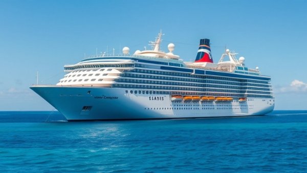 P&O Cruises ship near city, ocean background.