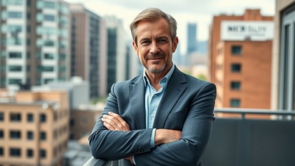 AI impact on software industry: Confident professional on a balcony, city background.