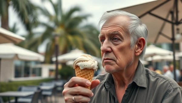 Older man pondering ice cream cone at outdoor cafe, focus on foods seniors should avoid for better health.