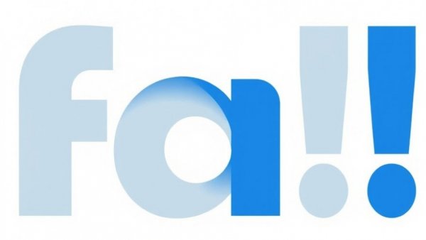 Stylized blue and gray text with 'fa!' letters on light background