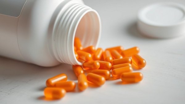 Orange pills spilled from bottle, safest over-the-counter painkiller for older adults.