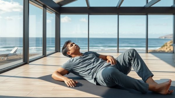 Ocean Wellness Program: Man relaxing with ocean view through glass windows.