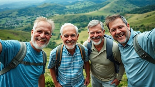 Smiling seniors on a hiking tour taking a selfie.