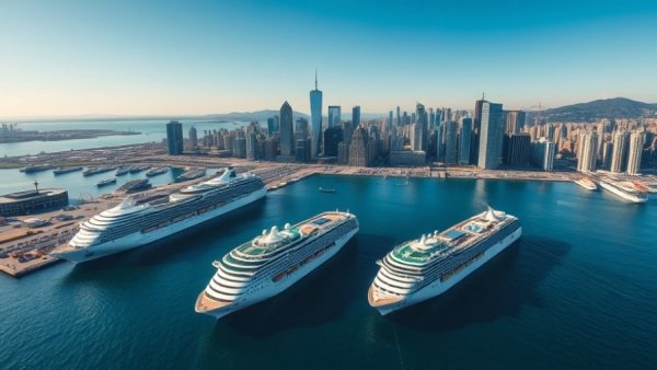 Cruise ships docked at Tampa port with city skyline