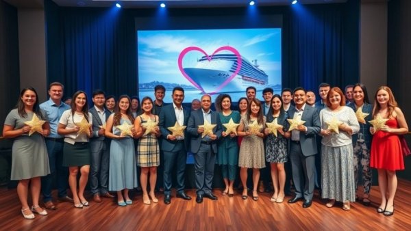Group celebrates at AIDA Smiling Star Awards in front of cruise backdrop.