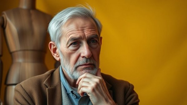 Elderly man pondering with mannequin on unintentional weight loss in aging.