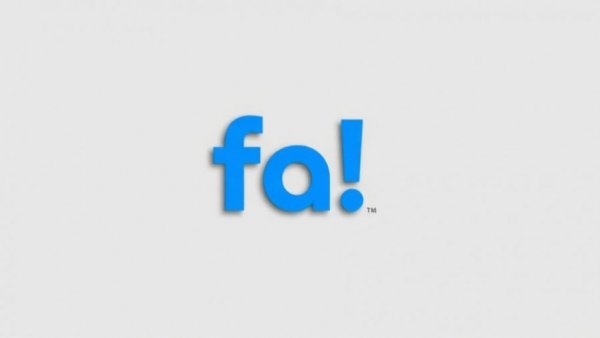 Bold blue 'fa!' logo on a gray background