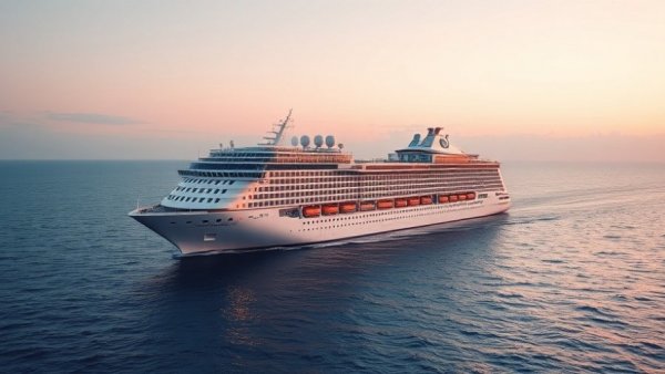 Carnival Dream Returns to Texas cruising at sea, sunset background.