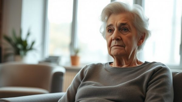Caring for aging parents: elderly woman concerned indoors.
