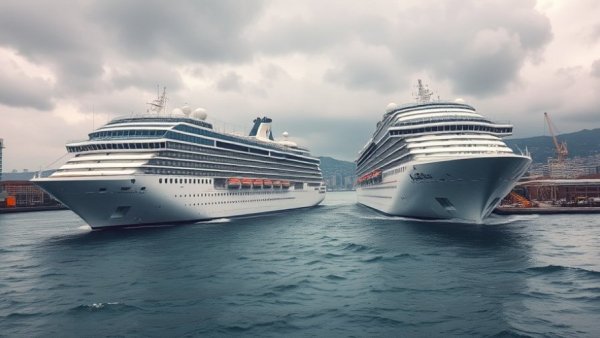 Cruise ships near a port showcasing fuel efficiency improvements.