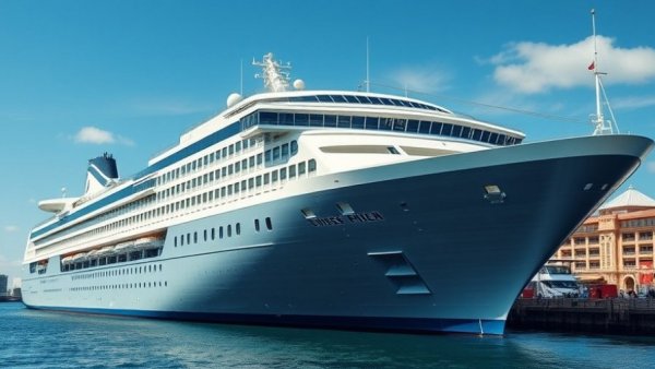 Modern cruise ship docked in a harbor with clear skies.