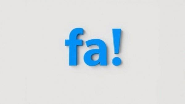 Bold blue letters 'fa!' on light grey background