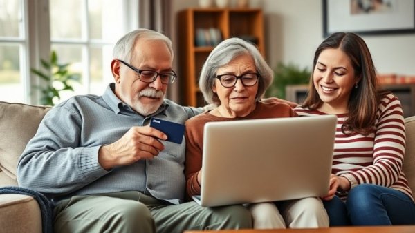 Older adults learning digital banking safety tips with help from a younger woman.
