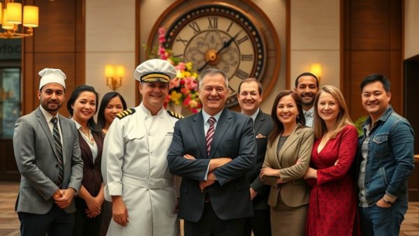 Professionals in hotel lobby, collaboration on AI-powered food waste reduction.