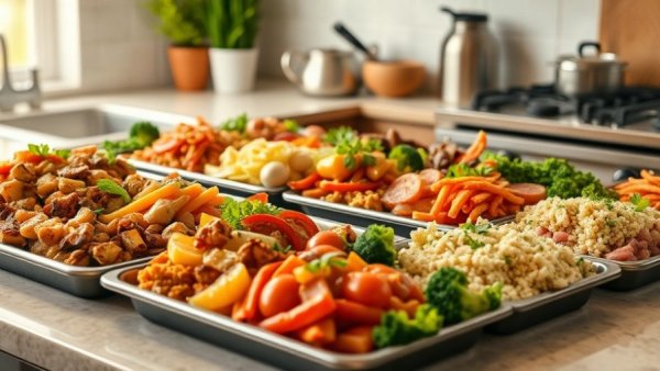 Home-delivered meals for seniors in trays on a kitchen counter.
