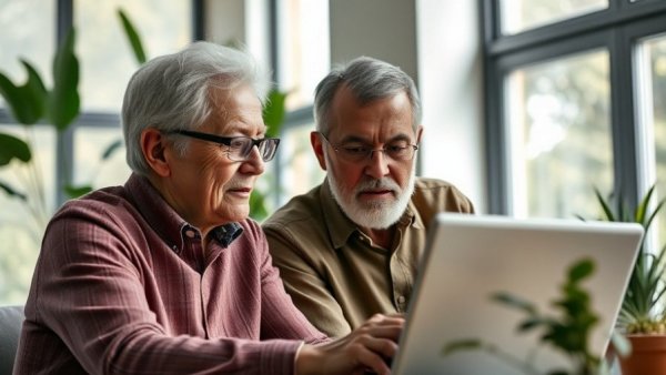 Seniors using AI tools on a laptop in a bright room.
