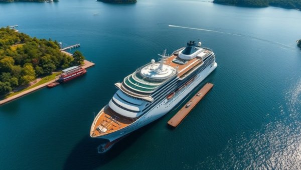 Ambassador cruise ship in a scenic harbor for birthday promo.