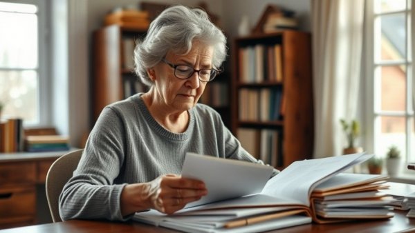 Elderly woman organizing documents in a warm-lit study room.