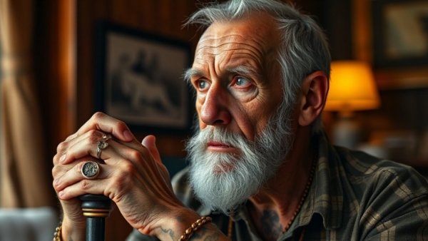 Older man with tattoos holding a cane in a cozy setting.