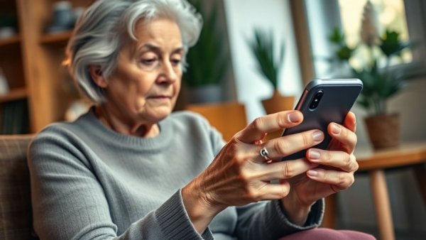 Elderly woman using smartphone indoors, related to Facebook Marketplace scams.