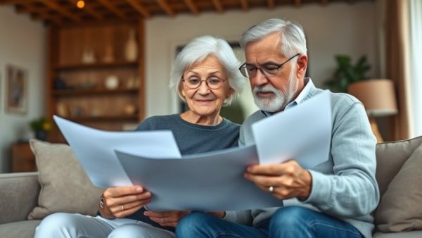 Senior couple reviewing documents in cozy living room, contemplating rent or own in retirement.