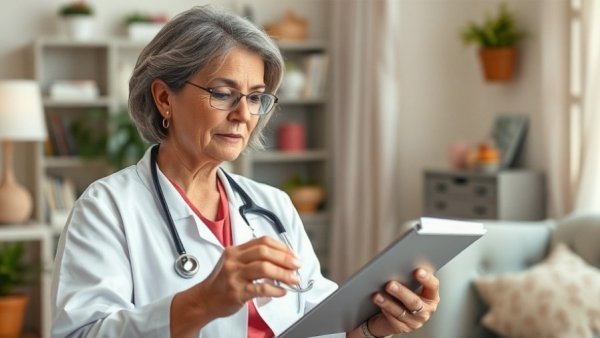 Doctor reviewing medications with an elderly patient in a home setting.