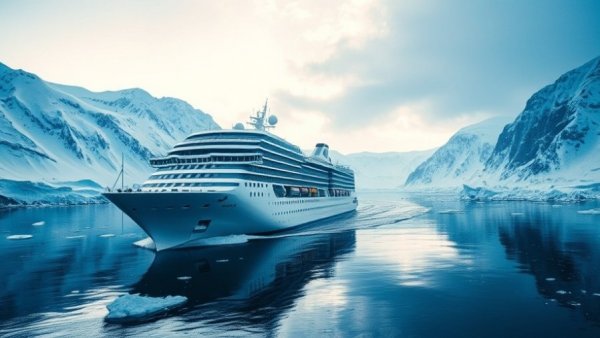 Cruise ship sailing through icy waters with mountains in the background.