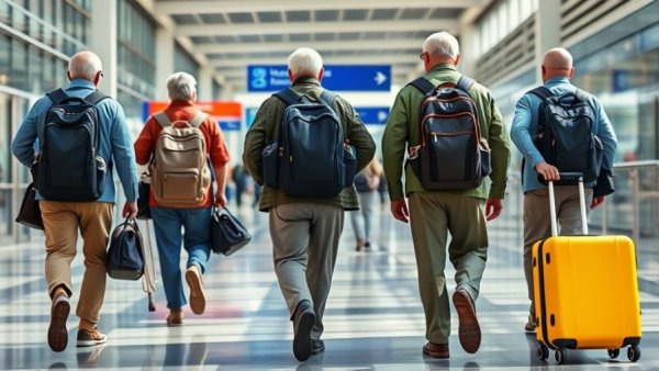 Elderly travelers at airport with yellow suitcase.