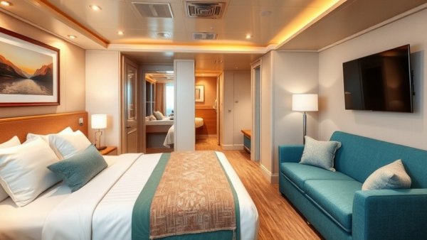 Affordable cruise cabin with cozy modern decor, featuring a bed and sofa.