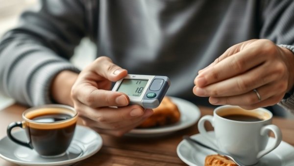 Senior checking blood sugar level at breakfast, diabetes in aging.