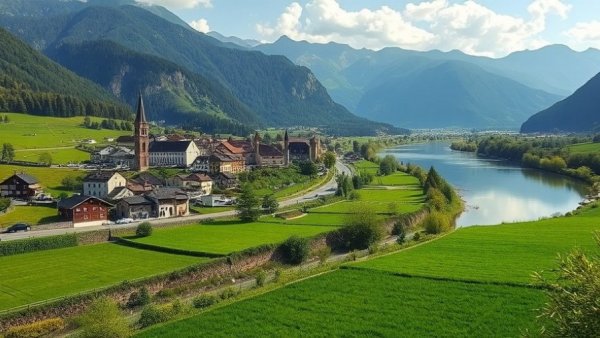 Idyllic European village along the river with fields and mountains.