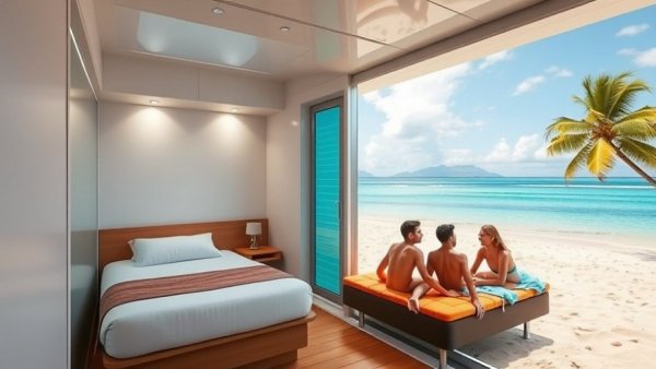 Two single beds in cruise cabin and friends enjoying beach.