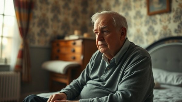 Elderly man contemplating alone in bedroom, highlighting retirement loneliness